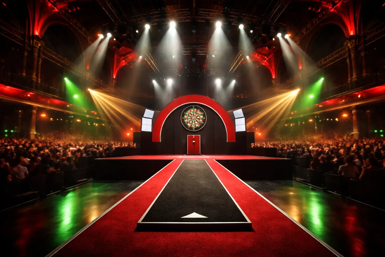 Beleuchtete Dartbühne im Alexandra Palace während der PDC Weltmeisterschaft