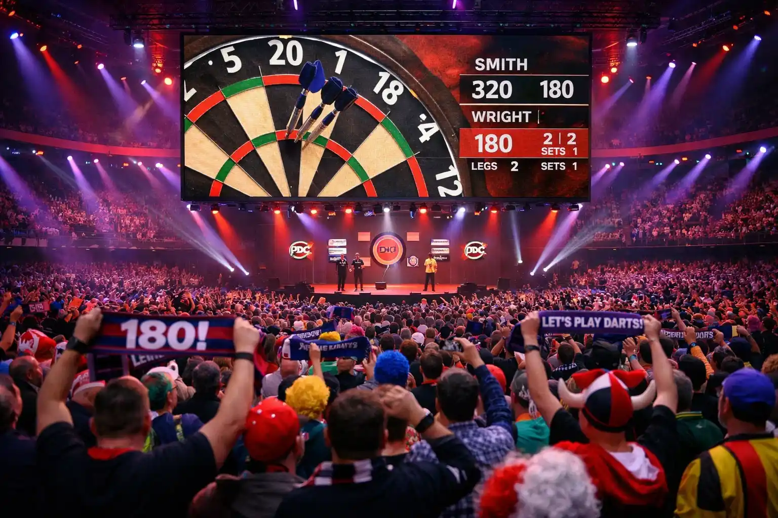 Zuschauer verfolgen ein Darts-Match auf einem großen Bildschirm in einer Arena