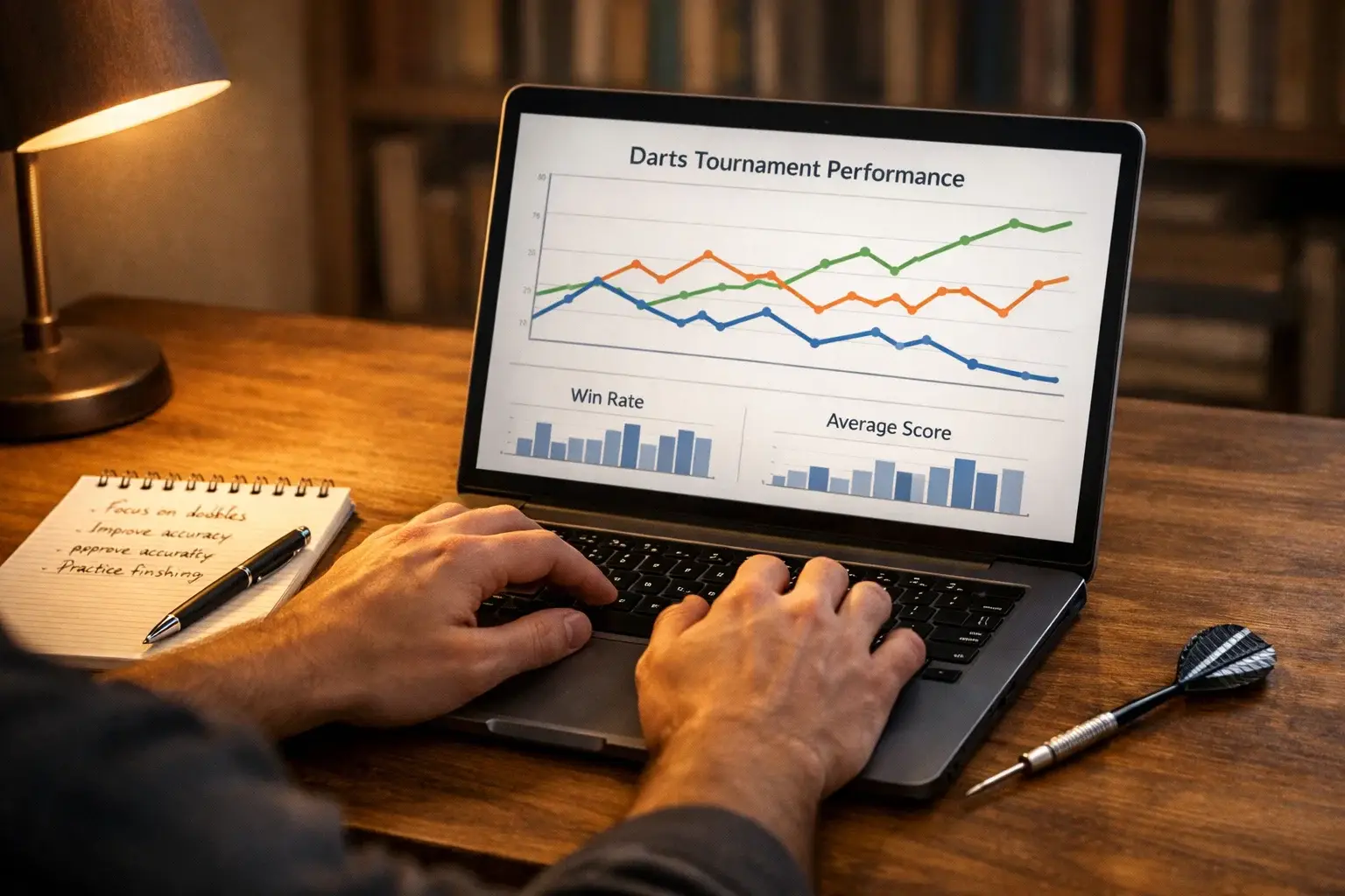 Person analysiert Darts-Statistiken und Formkurven auf einem Laptop