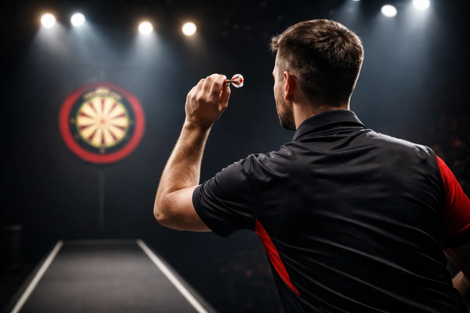 Dartprofi wirft konzentriert einen Pfeil auf die Scheibe im Scheinwerferlicht